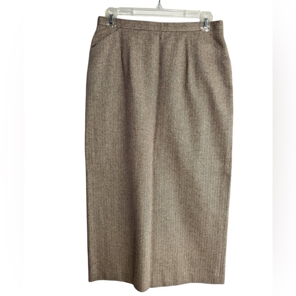 VTG Talbots Straight Midi Skirt Sz 10P Brown Tan Herringbone Pockets Cottagecore - Picture 1 of 14